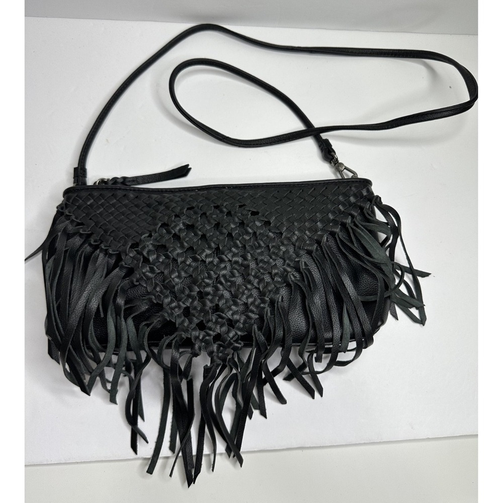 The Sak Filmore Purse Fringe Woven Black Leather Crossbody Clutch - Picture 2 of 16